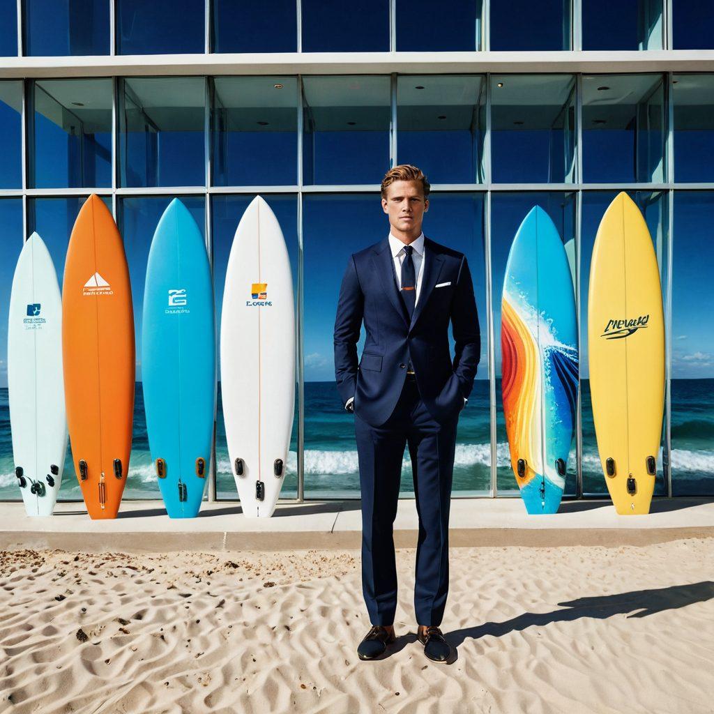 A stylish beach setting transitioning into a modern boardroom, featuring a variety of swimwear on display that reflects different personality types and professional styles. In the foreground, a confident individual in a tailored suit holds a surfboard adorned with brand logos, symbolizing the blend of leisure and professionalism. Bright, sunlit atmosphere with the ocean waves in the background, transitioning to sleek glass office buildings. super-realistic. vibrant colors. 3D.