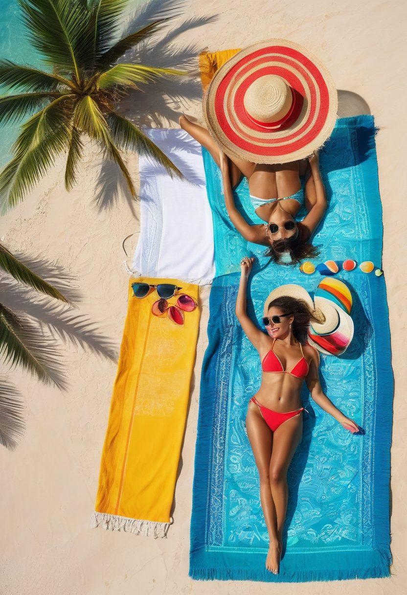 An elegant beach setting featuring a diverse group of models showcasing various bikini and thong swimwear styles. The image should capture the essence of summer with vibrant sand, crystal clear water, and palm trees swaying in the background. Include accessories like sunglasses and beach towels to enhance the beach vibe. Sprinkle in a playful atmosphere with beach balls and sun hats for a lively touch. The focus should be on fashion, fun, and freedom. vibrant colors. super-realistic.